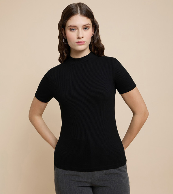 Ribbed Top with High Neck and Short Sleeves