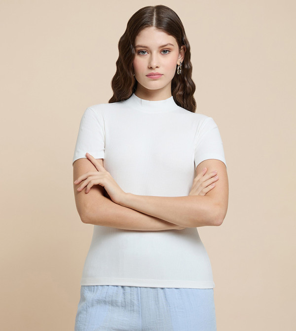 Ribbed Top with High Neck and Short Sleeves