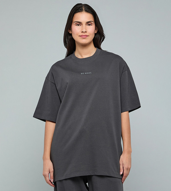 Print Detail Oversized T-Shirt with Crew Neck and Short Sleeves
