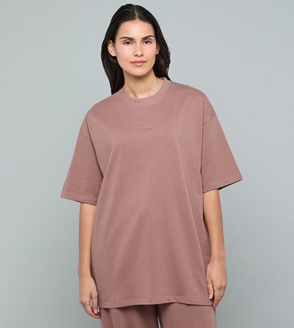 Print Detail Oversized T-Shirt with Crew Neck and Short Sleeves