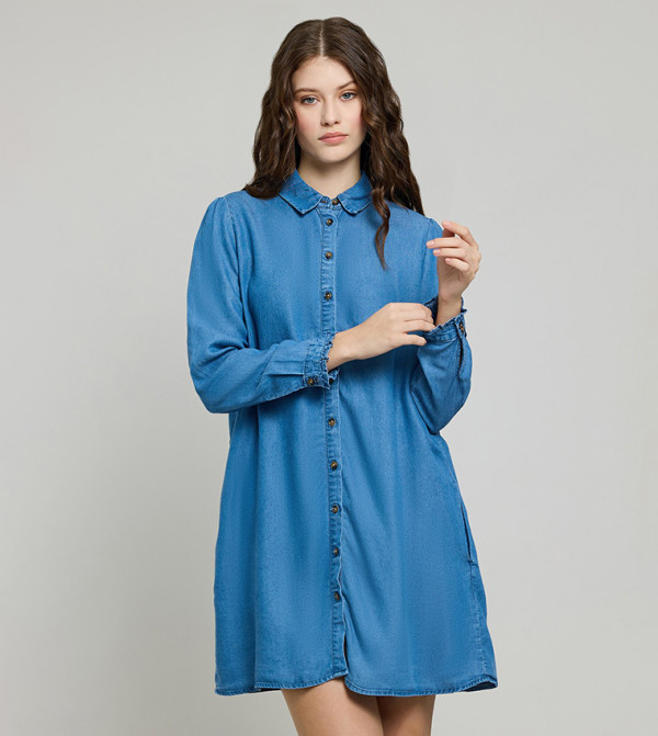 Washed Denim Tunic Shirt with Classic Collar and Long Sleeves