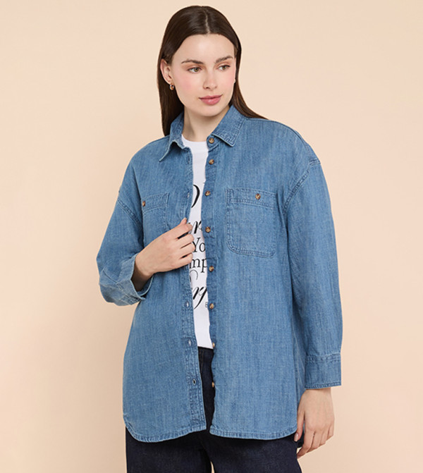 Washed Denim Shirt with Classic Collar and Long Sleeves