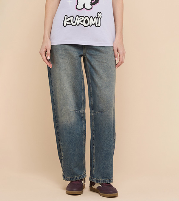 Faded Barrel Jeans with Button Closure
