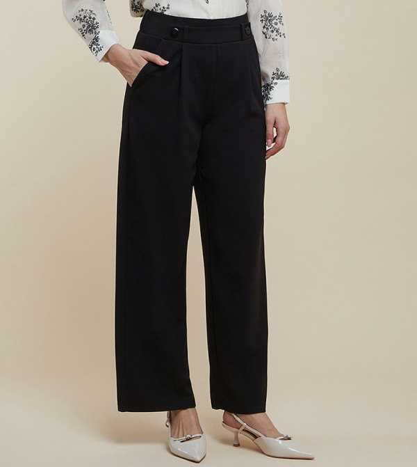 Solid Wide Leg Trousers with Button Closure