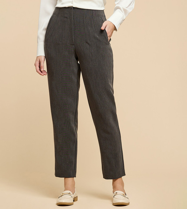 Pintuck Tapered Fit Trousers with Zipper Closure