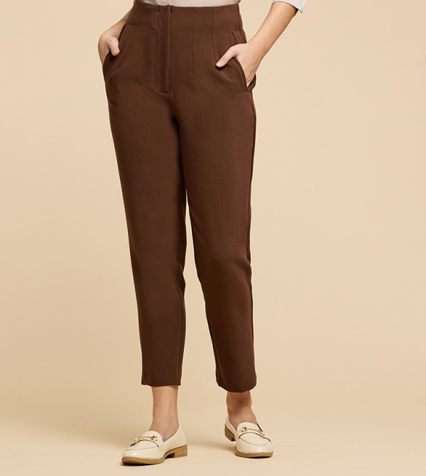 Pintuck Tapered Fit Trousers with Zipper Closure