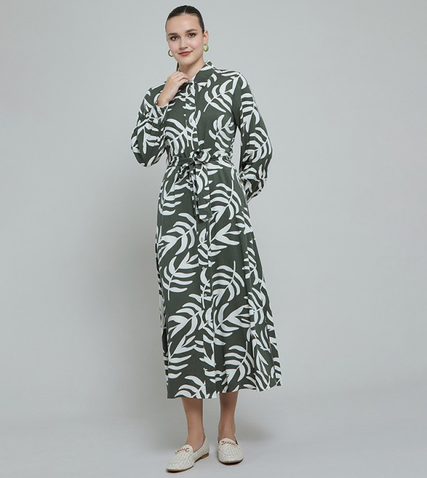 Patterned Shirt Dress with Long Sleeves