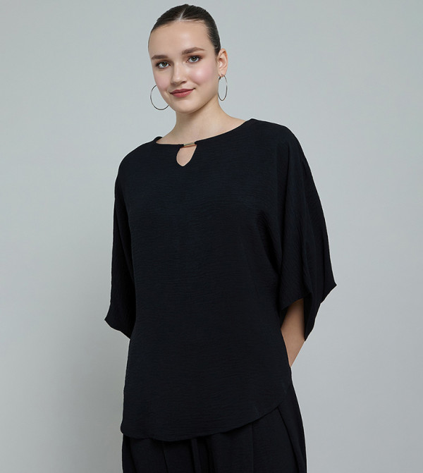 Textured Top with Keyhole Neck and Short Sleeves
