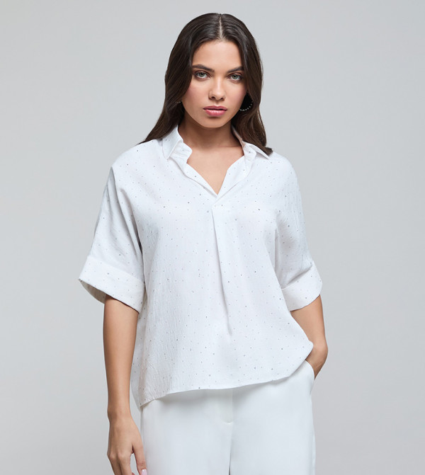 Embellished Shirt with Classic Collar and Short Sleeves