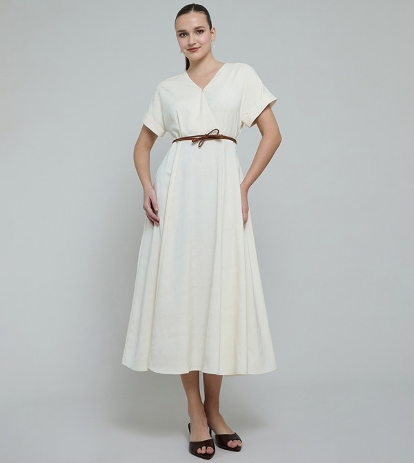 Solid Flared Dress with V-Neck and Short Sleeves