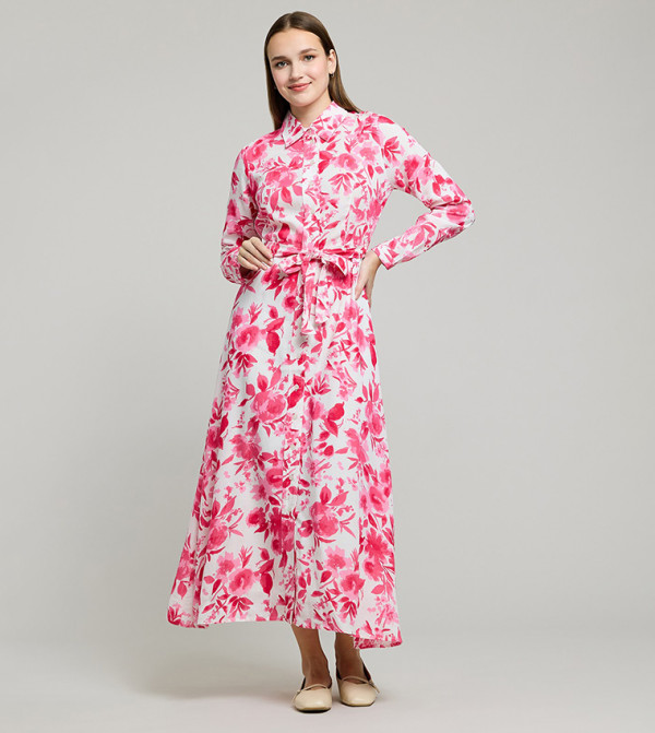 Floral Print Shirt Dress with Long Sleeves
