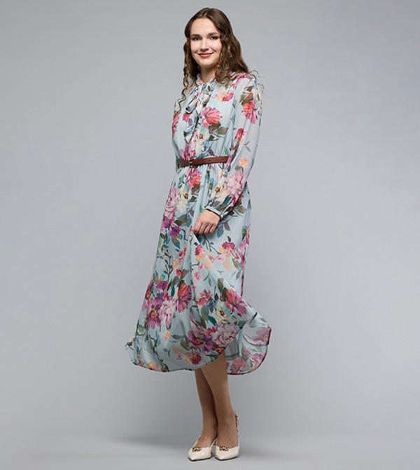 Floral Print Midi Dress with Tie-Up Neck and Puff Sleeves