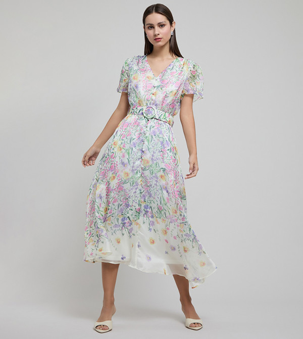 Printed Midi Dress with V-Neck and Flared Sleeves