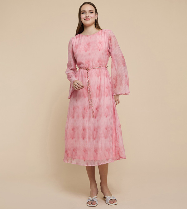 Printed Midi Dress with Crew Neck and Flared Sleeves
