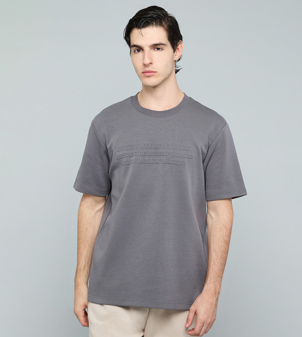 Embossed Print T-Shirt with Crew Neck and Short Sleeves
