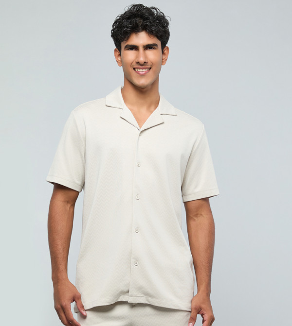 Self Patterned Shirt with Revere Collar and Short Sleeves