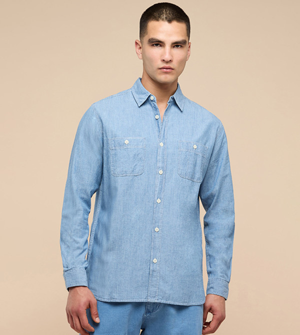 Washed Denim Shirt with Classic Collar and Long Sleeves