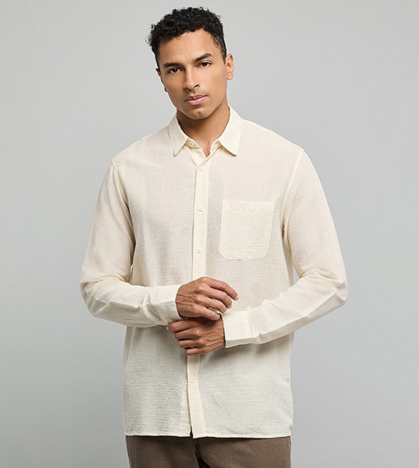 Textured Shirt with Classic Collar and Long Sleeves