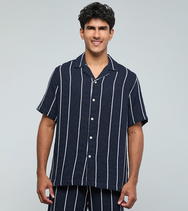 Striped Shirt with Reverse Collar and Short Sleeves