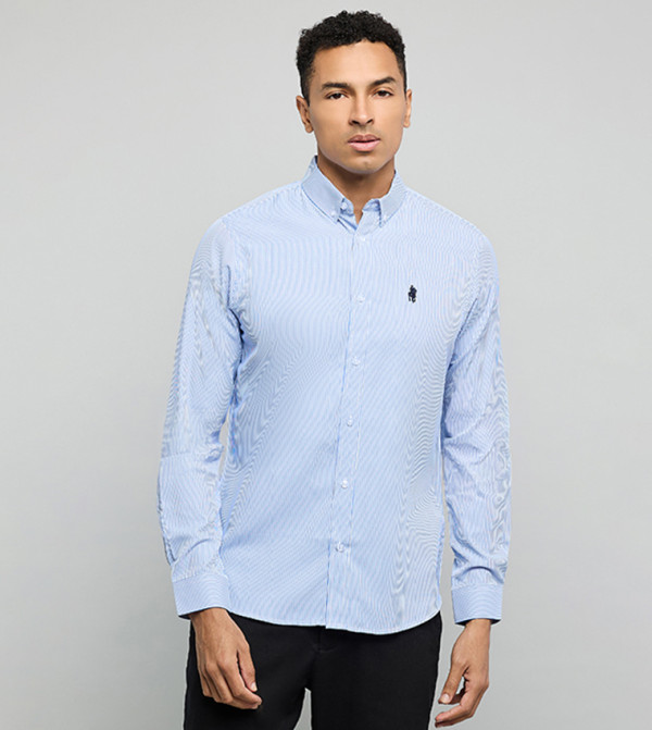 قميص مخطط كم طويل بقبة بأزرار