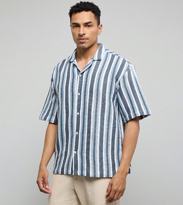Striped Shirt with Reverse Collar and Short Sleeves