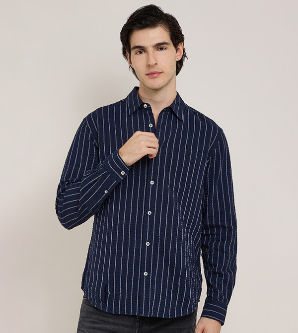 قميص مخطط كم طويل بقبة كلاسيك 