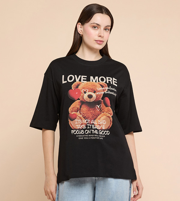 Graphic Print Oversized T-Shirt with Crew Neck and Short Sleeves