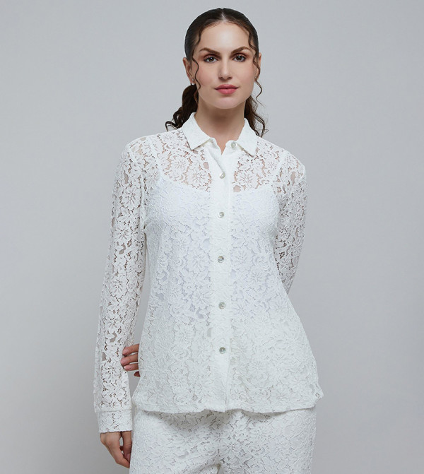 Lace Shirt with Classic Collar and Long Sleeves