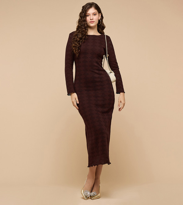 Openwork Column Dress with Round Neck and Long Sleeves