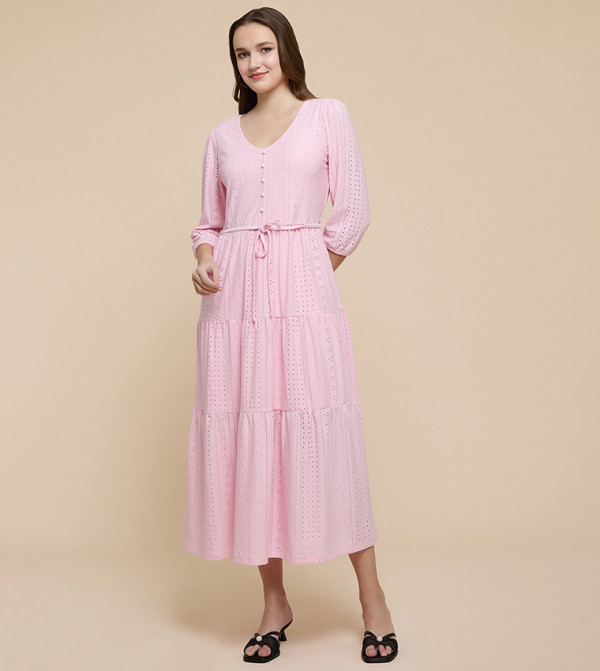 Schiffli Tiered Dress with V-Neck and 3/4 Sleeves