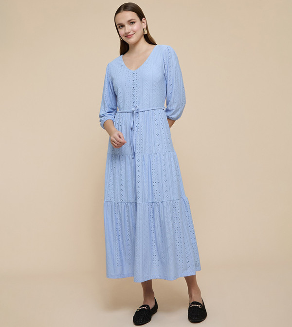 Schiffli Tiered Dress with V-Neck and 3/4 Sleeves