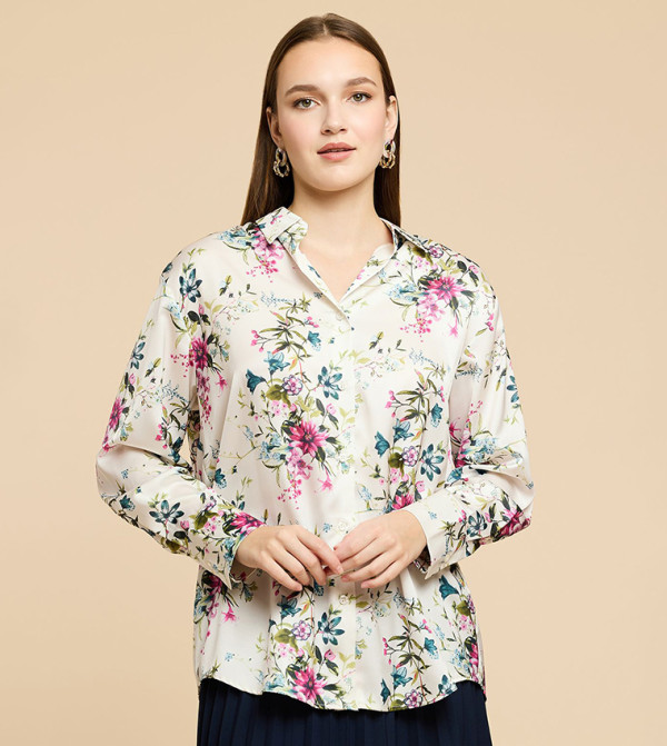 Printed Satin Shirt with Classic Collar and Long Sleeves