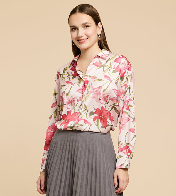 Printed Satin Shirt with Classic Collar and Long Sleeves