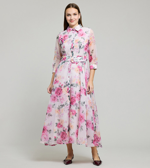 Floral Print Shirt Dress with 3/4 Sleeves