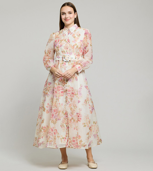 Floral Print Shirt Dress with Long Sleeves