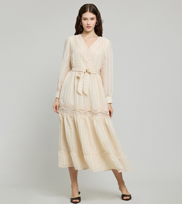 Striped Tiered Dress with V-Neck and Bishop Sleeves