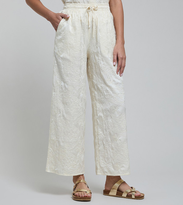 Embroidered Wide Leg Pants with Drawstring Waist