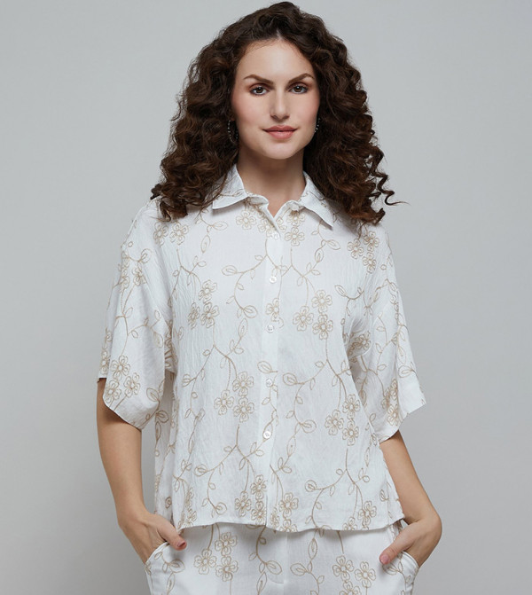 Embroidered Shirt with Classic Collar and Short Sleeves