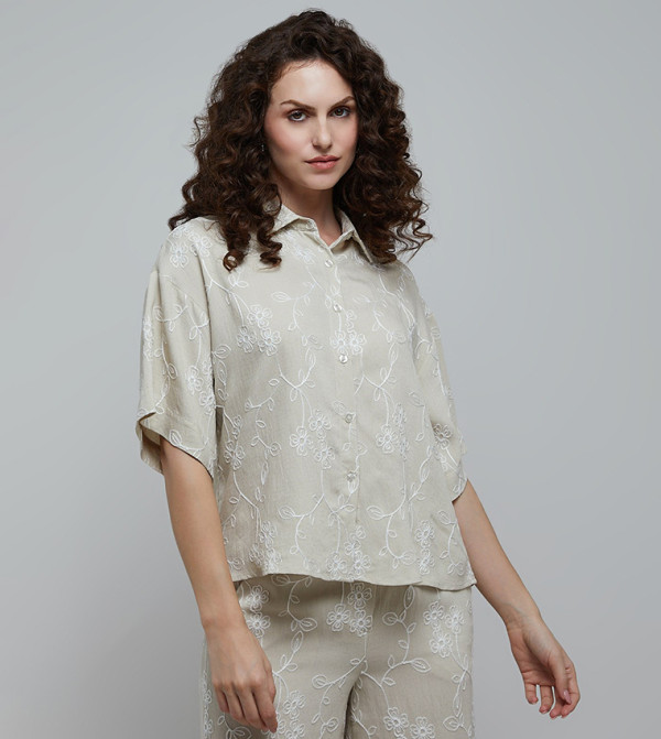 Embroidered Shirt with Classic Collar and Short Sleeves