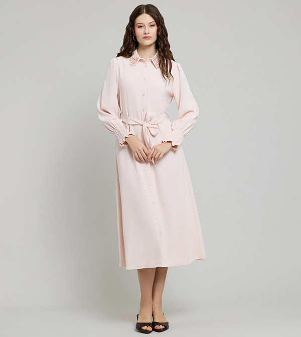 Embellished Collar Shirt Dress with Puff Sleeves