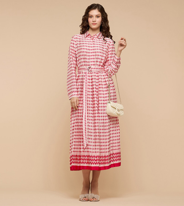 Patterned Shirt Dress with Long Sleeves