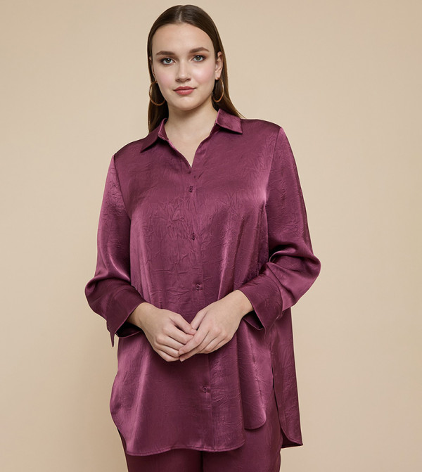 قميص مجعد كم طويل بقبة كلاسيك 