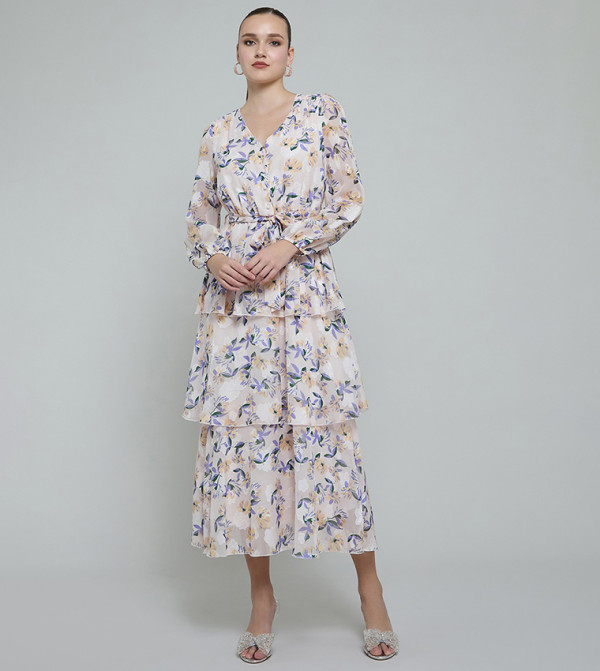 Floral Print Layered Dress with V-Neck and Long Sleeves