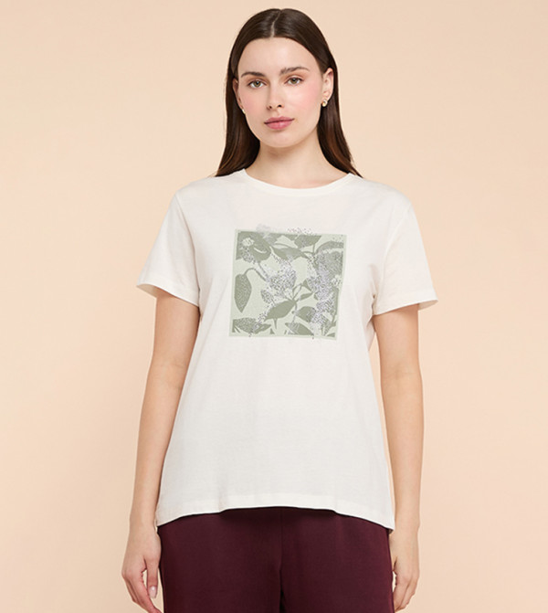 تيشيرت كم قصير بقبة مستديرة بطبعة