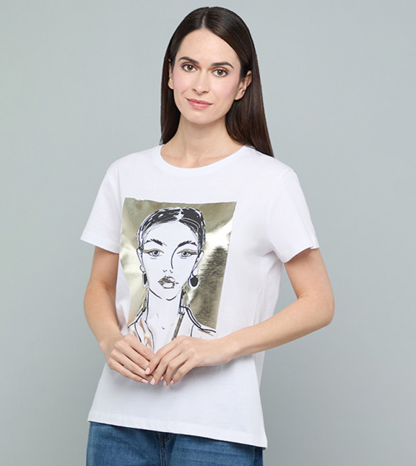 Foil Print T-Shirt with Crew Neck and Short Sleeves