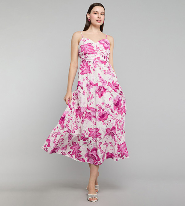 Floral Print Strappy Midi Dress with Sweetheart Neck