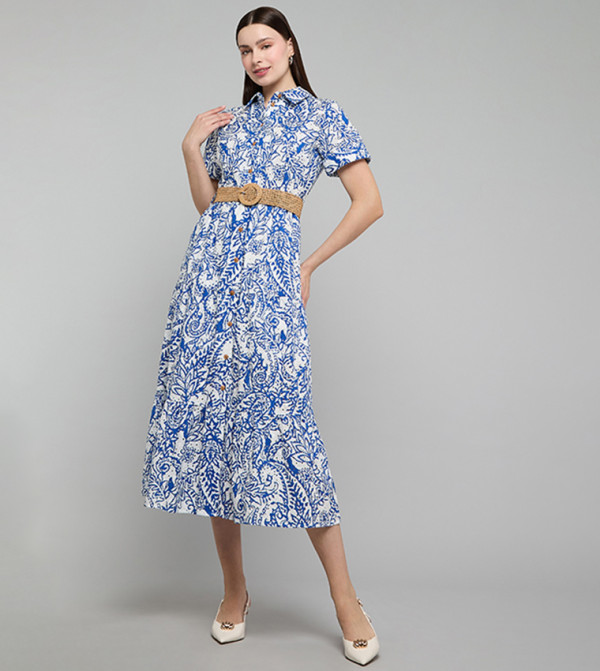 Printed Shirt Dress with Short Sleeves