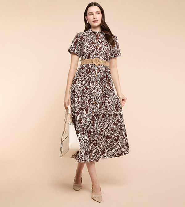 Printed Shirt Dress with Short Sleeves