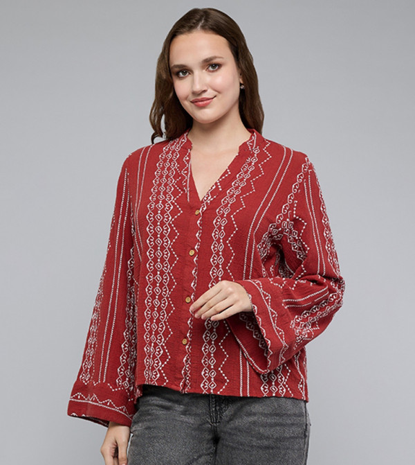 Embroidered Top with Stand Collar and Long Sleeves