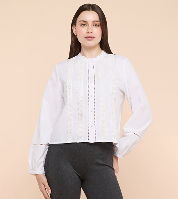 Lace Trim Shirt with Mandarin Collar and Puff Sleeves
